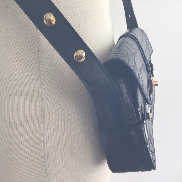Y2K Cole Haan croc embossed black convertible strap east west baguette bag - Picture 4 of 13
